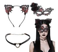 AffeGifts Kit Disfraz de Gato Accesorios, 3pcs Mascara Catwoman Mujer y Orejas de Gato Negro Choker Set Encaje Catwoman Eyemask Sexy Mascara Veneciana Mujer Cat Disfraz Accesorios Para Mujeres