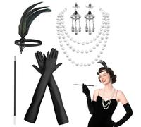 AffeGifts Vestido Años 20, 20 Accesorios Mujeres Flapper Gran Gatsby Conjunto de Disfraz, 1920 Pendientes Perlas Collar Flapper Guantes y Vara de Cigarrillo