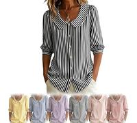 AFGQIANG Camisa retro de lino y algodón a rayas con cuello Peter Pan, manga 3/4 con botones para verano, blusa de rayón de algodón con botones, Negro, XL