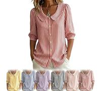 AFGQIANG Camisa retro de lino y algodón a rayas con cuello Peter Pan, manga 3/4 con botones para verano, blusa de rayón de algodón con botones, rosso, L