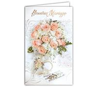 Afie 13-6142 ARGUS Tarjeta con Sobre Blanco Feliz Boda que brilla en RELIEF Ramo de Rosas Novia 2 anillos de boda Corazón Collar Perlas Papel nacarado en relieve Felicitaciones Estilo tradicional