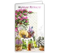 AFIE 15-6519 Tarjeta con Sobre Feliz Retiro para Mujer Descanso Relajación Jardín Florido Rosas Rosas Lavandas Sombrero de paja Regadera Jardinería Lectura Naturaleza - Hecho en Europa