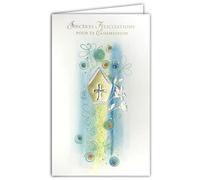 AFIE 19-623 Tarjeta de sinceras felicitaciones por tu comunión dorado y plateado con un sobre blanco en formato de 19,5x12cm para niño niña comunicante - Cruz cristiana católica Mitre Obispo Flores