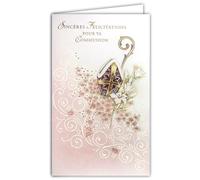 AFIE 19-624 Tarjeta portabillete SINCERAS FELICITACIONES POR TU COMUNIÓN Dorado con sobre blanco en formato 19,5x12cm Flores rosas para niña comunicante Cruz cristiana católica Mitre Cross obispo