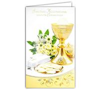 Afie 19-631 - Tarjeta portabillete con sobre de felicitaciones para tu comunión, oro dorado cobre brillante, Oties copa católica, rosario bible, flores rosas blancas y fiestas