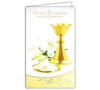 Afie 19-632 Tarjeta con Sobre Felicitaciones por tu COMUNIÓN en Oro Dorado Plateado Brillante Osties Corte Cruz Católica Flores Lirios Blancos Fiesta Primavera