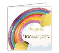 Afie 22064 - Tarjeta de felicitación de cumpleaños con diseño de arco iris y nubes en oro dorado brillante - Tarjeta cuadrada 145 x 145 mm con sobre - Fabricación francesa