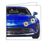 Afie 22080 - Tarjeta sin texto interior blanco con sobre cuadrado, 15 x 15 cm, coche azul y plateado brillante, automoción francesa, deporte, mecánico, carrera, F1, hombre y niño masculino, fabricado