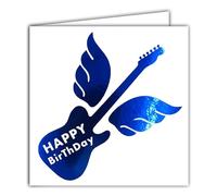AFIE 22229 - Tarjeta cuadrada Happy BIRTHDAY guitarra eléctrica azul brillante con alas de rock - con sobre blanco 15 x 15 cm - Creación de edición de impresión - Colección Sueño de palabras