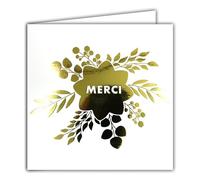 AFIE 22247 - Tarjeta cuadrada de gracias, diseño de flores con follaje de oro dorado brillante y agradecimientos, con sobre blanco, 15 x 15 cm, creación de edición de impresión, fabricación francesa