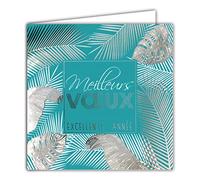 Afie 23037 - Tarjeta cuadrada de buen año con mejores gustos, color plateado brillante y hojas de palmeras monstera tropical para fiestas de fin de año, con sobre blanco