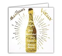 Afie 23040 - Tarjeta cuadrada de buen año con mejores gustos, botella de oro dorado brillante con texto "Joie Bonheur Paix Salud Festival de fin de año", con sobre blanco