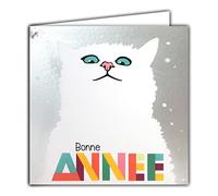 Afie 23042 - Tarjeta cuadrada de color plateado brillante para el mejor año, diseño de gato blanco y nieve