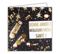 Afie 23052 - Tarjeta de felicitación cuadrada de feliz año nuevo, color dorado brillante, 2 flautas, estrellas, bolas, decoración de mesa con sobre blanco