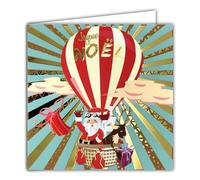 AFIE 23081 - Tarjeta de felicitación de Navidad, diseño de Papá Noel en oro dorado brillante con sobres blancos, 15 x 15 cm, globo aerostático reno, entrega regalos caídos del cielo chimenea 25 de