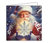 AFIE 23093 - Tarjeta cuadrada de Feliz Navidad, Papá Noel, copo plateado brillante con sobre cuadrado blanco, 15 x 15 cm, diseño de copos de nieve en sus manos enguantadas, fabricado en Francia