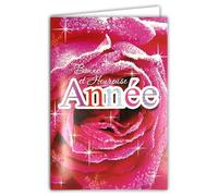 AFIE 61-3010/2 Tarjeta Feliz Año Nuevo Flor Rosa Escarcha con lentejuelas y copo - Con sobre blanco, formato 12 x 17,5 cm Cartulina interior blanca reservada para escribir tus mejores deseos