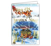 Afie 61-5673 Tarjeta Feliz Navidad con Sobre y Dorado en Oro Brillante Brillante Trineo Renos Papá Noel Distribución Regalos Chimenea fuma Casa bajo la Nieve Abetos