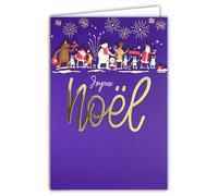AFIE 61-5836 Tarjeta de Feliz Navidad Gran Texto Dorado Brillante y sobre blanco, formato de 12 x 17,5 cm - Papá Noel y los animales - Color blanco polar marrón reno ciervo zorro conejo de nieve -