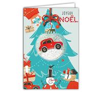 Afie 61-6040 Tarjeta Feliz Navidad con Sobre y Collage EN RELIEF Coche Rojo Bola de Nieve en oro dorado brillante brillante Cintas Regalos al pie del árbol Verde de agua Muñeco de nieve
