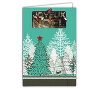 Afie 61-6052 Tarjeta Feliz Navidad con Sobre y Collage EN RELIEF en oro dorado brillante Guirnalda de luces Abetos Verde agua Árboles blancos Bosque bajo la Nieve ardilla Invierno