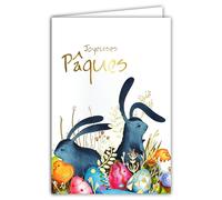 AFIE 62-1025 - Tarjeta feliz Pascua de oro dorado brillante con sobres de 12 x 17,5 cm, ilustración de conejos, pollito, caza de huevos pintados, fiesta primavera, pintura, creación de impresión
