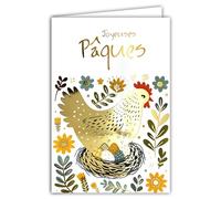 AFIE 62-1028 - Tarjeta feliz Pascua de oro dorado brillante con sobres de 12 x 17,5 cm, ilustración de gallinas que incuba huevos pintados Nido flores Fiesta Primavera Creación Edición Impresión