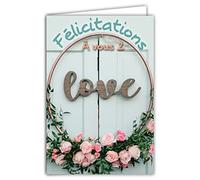 Afie 63-1158 - Tarjeta de felicitación con 2 corazones de Bonheur (pareja hetero) o homo PACS para boda, cremaestra para bebé, corona de flores rosas y sobre incluido - Fabricado en Francia