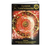 AFIE 65-1139-B - Tarjeta de felicitación de cumpleaños dorada, horóscopo del día, 12 signos del zodiaco suerte amistad amor hermoso día - Interior blanco para escribir una palabra - Con sobre blanco