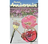 AFIE 65-1231 - Tarjeta de felicitación de cumpleaños con campo de flores rosas Cosmos amapolas para bicicleta con oro dorado fabricado en Francia 65-1231