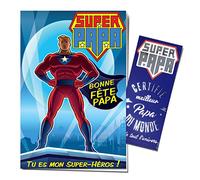 Afie 65-1326BFP - Tarjeta con marcapáginas plateado, brillante, con certificado para el mejor Papá del Mundo y de todo el universo Super-Héros Padres Juin, sobre incluido. Fabricado en Francia