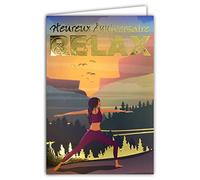 AFIE 65-1405 - Tarjeta de felicitación de cumpleaños para mujer y niña, diseño deportivo y relajante, color dorado brillante, meditación, sin estrés, zen, yoga, gimnasio, pilates, estiramiento,