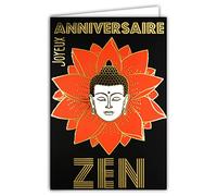 Afie 65-1408 Tarjeta Feliz Cumpleaños Zen Flor de Loto Naranja Buda Oro Brillante Relajación Bienestar Meditación Filosofía Decoración con Sobre Blanco Formato 17,5x12cm