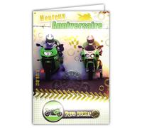 AFIE 67-1014/2 - Tarjeta de felicitación de cumpleaños de oro dorado brillante para moto verde para niño y hombre, con sobres blancos, 12 x 17,5 cm, casco ciclista, carrera, contador de velocidad,