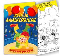 AFIE 67-1029-1 Tarjeta FELIZ ANIVERSARIO payaso en circo con un color para niños en el interior y un sobre blanco - fiesta estrellas lleno de ojos globos de baudruche 1 2 3 4 5 6 7 8 9 10 años