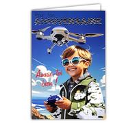 AFIE 67-1283 - Tarjeta para tu cumpleaños, niño que pilota un dron, juguete robot telecontrolado, plateado brillante militar, ilustración juvenil, con sobre blanco, formato 12 x 17,5 cm, fabricado en