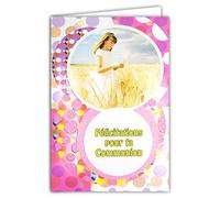 Afie 68-1019/2 Tarjeta con Sobre Felicitaciones por tu COMUNIÓN NIÑA Brillo Amanecer Vestido Blanco Campo de Trigo Pan Ostia Color Rosa Fiesta Primavera