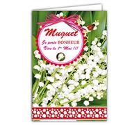 Afie 68-1039-A - Tarjeta con sobre, porta-bonheur con mariquitas de madera pintadas a mano en rojo, 13 campanas blancas, 1 mayo, ramo de flores y fiestas