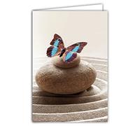 Afie 68-4011 Tarjeta interior blanca con sobres - Mariposa Azul Guijarros Jardín Zen Meditación Descansa energías positivas Fuerzas Naturaleza Para ti Feliz Cumpleaños Feliz Fiesta Gracias Coraje