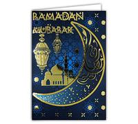 Afie 68-9002 Mapa Ramadán Mubarak de oro dorado brillante musulmanes Mes San Ayuno Laylat al-Qadr Eid el-Fitr Fiesta islámica Luna Pilares Mezquita Linterna sobre blanco formato 17,5x12cm