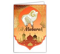 AFIE 68-9003 - Tarjeta Eid Mubarak (17,5 x 12 cm), color dorado brillante Eid el-Fitr, final del Ramadán Eid el-Adha, tradicional, sacrificio de oveja musulmana islámica, mezquita blanca