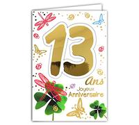 Afie 69-2113 - Tarjeta de feliz cumpleaños de 13 años, oro dorado, brillante, adolescente niño niña tréboles de cuatro hojas, portafelicidad, mariquitas