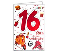 Afie 69-2116 - Tarjeta de felicitación de cumpleaños para niño o niña, 16 años, color según disponibilidad (rojo, cobre naranja), diseño de hamburguesa, baloncesto, fútbol, esmalte de uñas, feliz