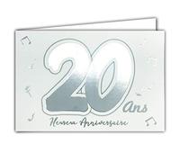 Afie 69-2202 - Tarjeta de 20 años con notas musicales que brillan sobre fondo blanco; se entrega con sobre, formato tarjeta cerrada, 17 x 11,5 cm