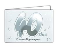 Afie 69-2204 - Tarjeta de 40 años con notas musicales que brillan sobre fondo blanco; se entrega con sobre, formato tarjeta cerrada, 17 x 11,5 cm