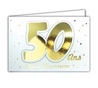 Afie 69-2205 - Tarjeta de 50 años con texto en inglés "Afi", diseño de estrellas que brillan en oro dorado sobre fondo blanco; viene con sobre, formato tarjeta cerrada 17 x 11,5 cm