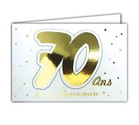Afie 69-2207 - Tarjeta de 70 años con texto en inglés "Afeliz Anibers", diseño de estrellas que brillan en oro sobre fondo blanco; viene con sobre, formato tarjeta cerrada 17 x 11,5 cm