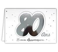 Afie 69-2208 - Tarjeta de 80 años con texto en inglés "Afeliz Anibers", diseño de estrellas que brillan en oro sobre fondo blanco; viene con sobre, formato tarjeta cerrada 17 x 11,5 cm