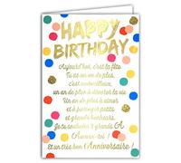 Afie 69-3036 - Tarjeta Happy Birthday, gran texto en dorado con puntos conffetis; viene con sobre de color a juego; tamaño de tarjeta cerrada 11,5 x 17 cm; fabricada en Francia