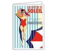 Afie 69-4309 - Tarjeta de feliz cumpleaños con sobres para niña y mujer, hermosa radiante - Expositor mini pósters, formato 17 x 11,5 cm - Bañera de sol marinera - Sombrero rayas, sombrilla retro